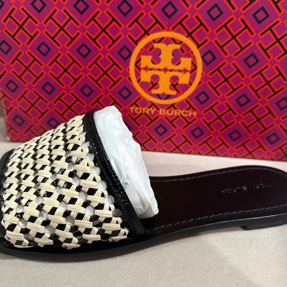 Tory Burch Woven Raffia Sandals Slides Womens